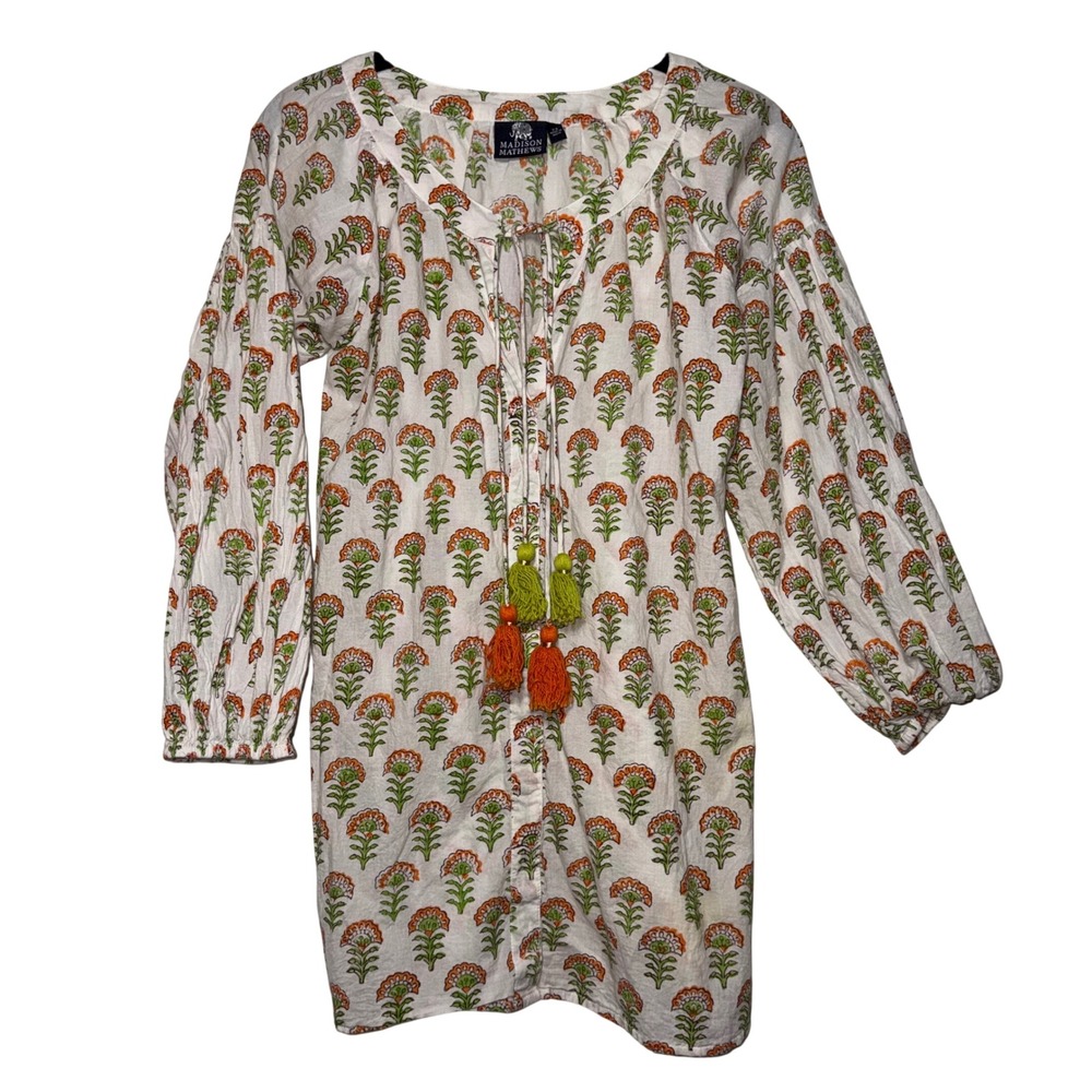 Madison Mathews Womens XS Block Print Tunic Dress White Orange Floral Tassel Tie